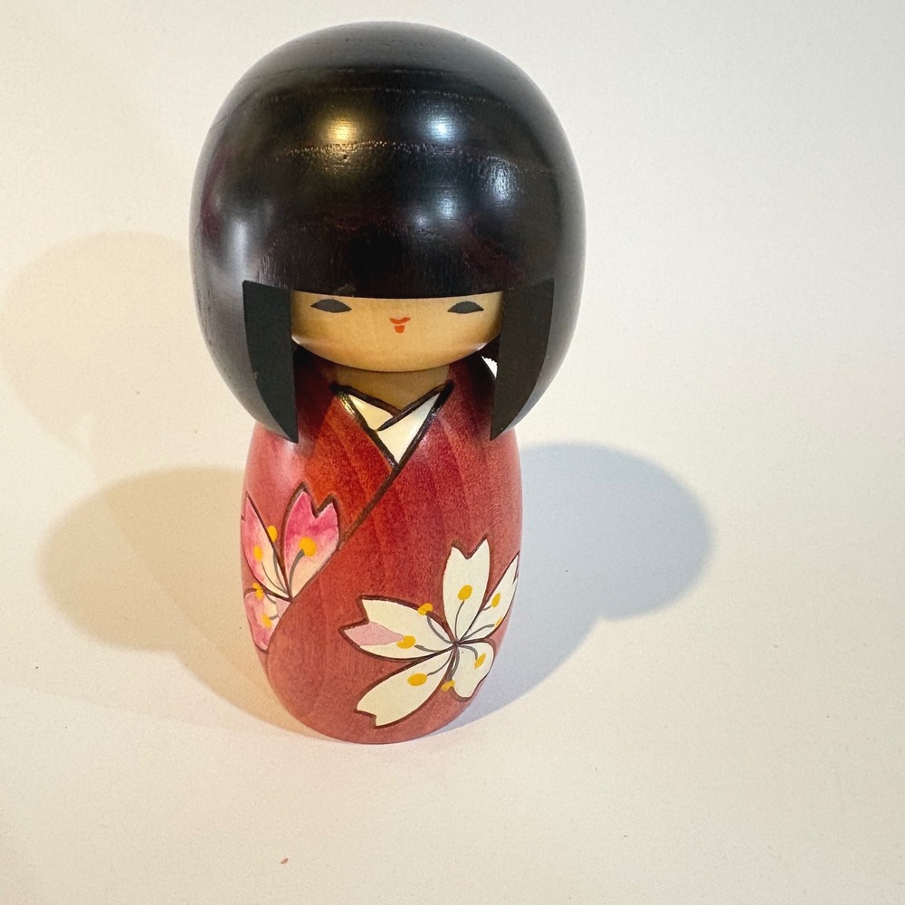 Usaburo Cherry Blossom Japanese Kokeshi Doll Hand Painted Wood 5in Made in Japan